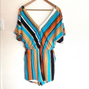 Lush Orange Stripe Deep V Neck Tie Back Romper